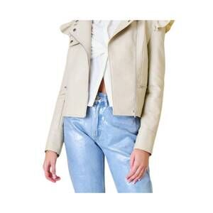 NEW FORE COLLECTION pleather ruffle moto jacket in beige